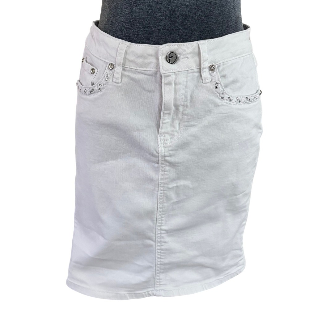 Earl Jean Vtg Y2K Coastal Cowgirl White Rhinestone Trimmed Denim Mini Skirt 8